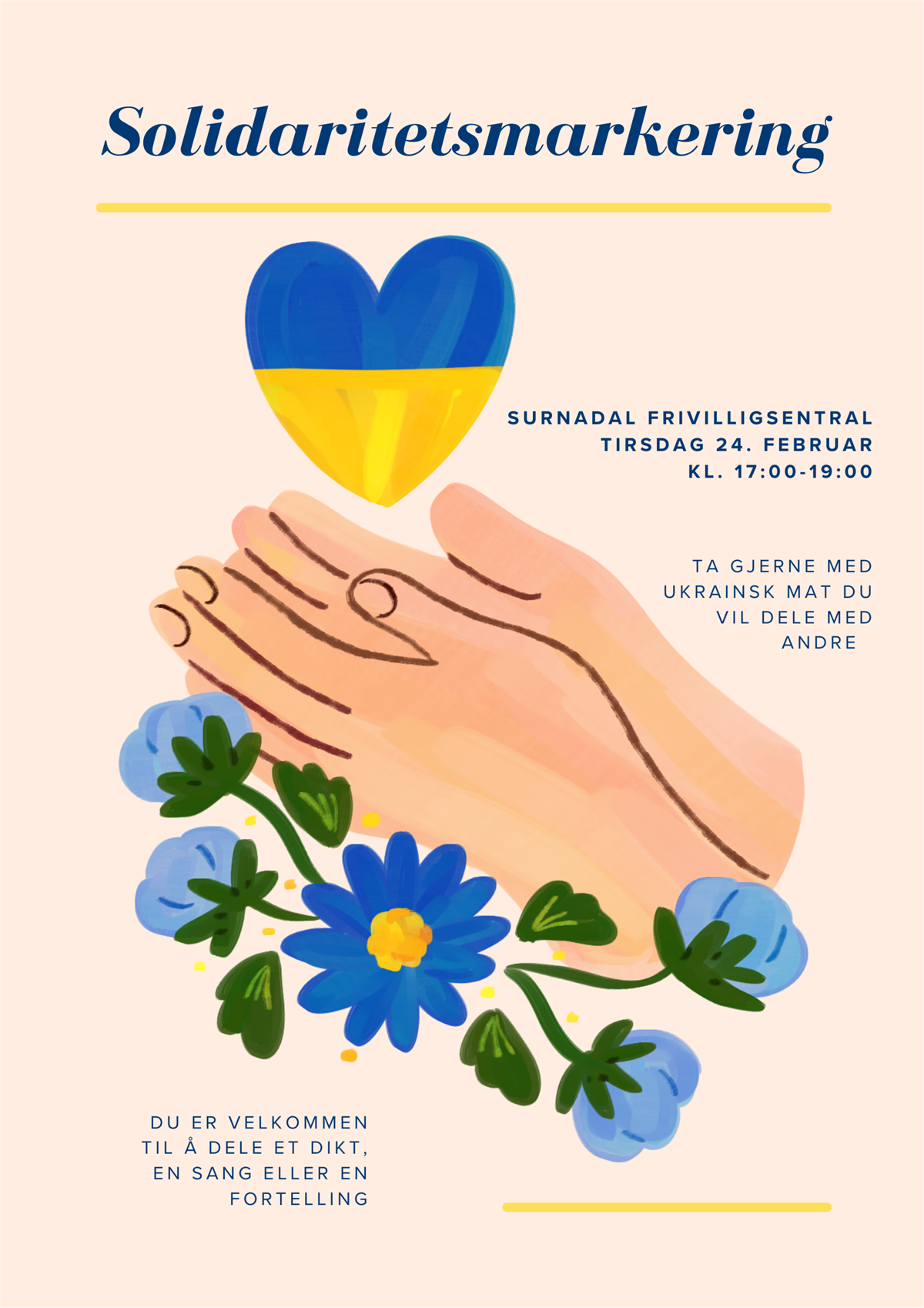 Informasjonsplakat om solidaritetsmarkering for Ukraina på Surnadal Frivilligsentral 24 februar kl 17 til 19. - Klikk for stort bilde